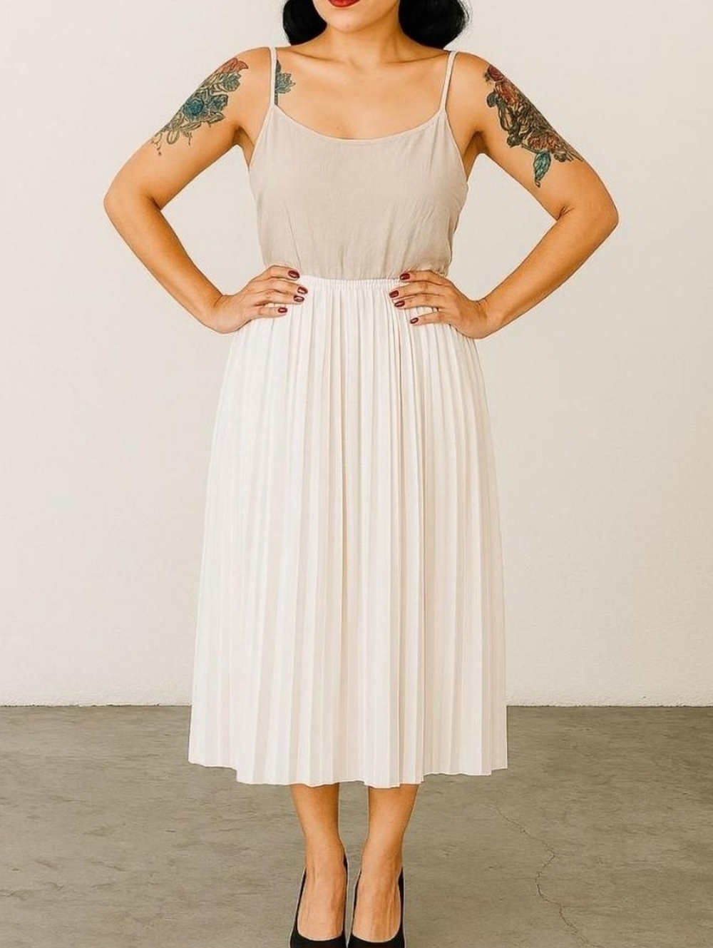 ZARA Linen Blend Pleated Midi Dress S Beige White Coastal Summer Minimalist